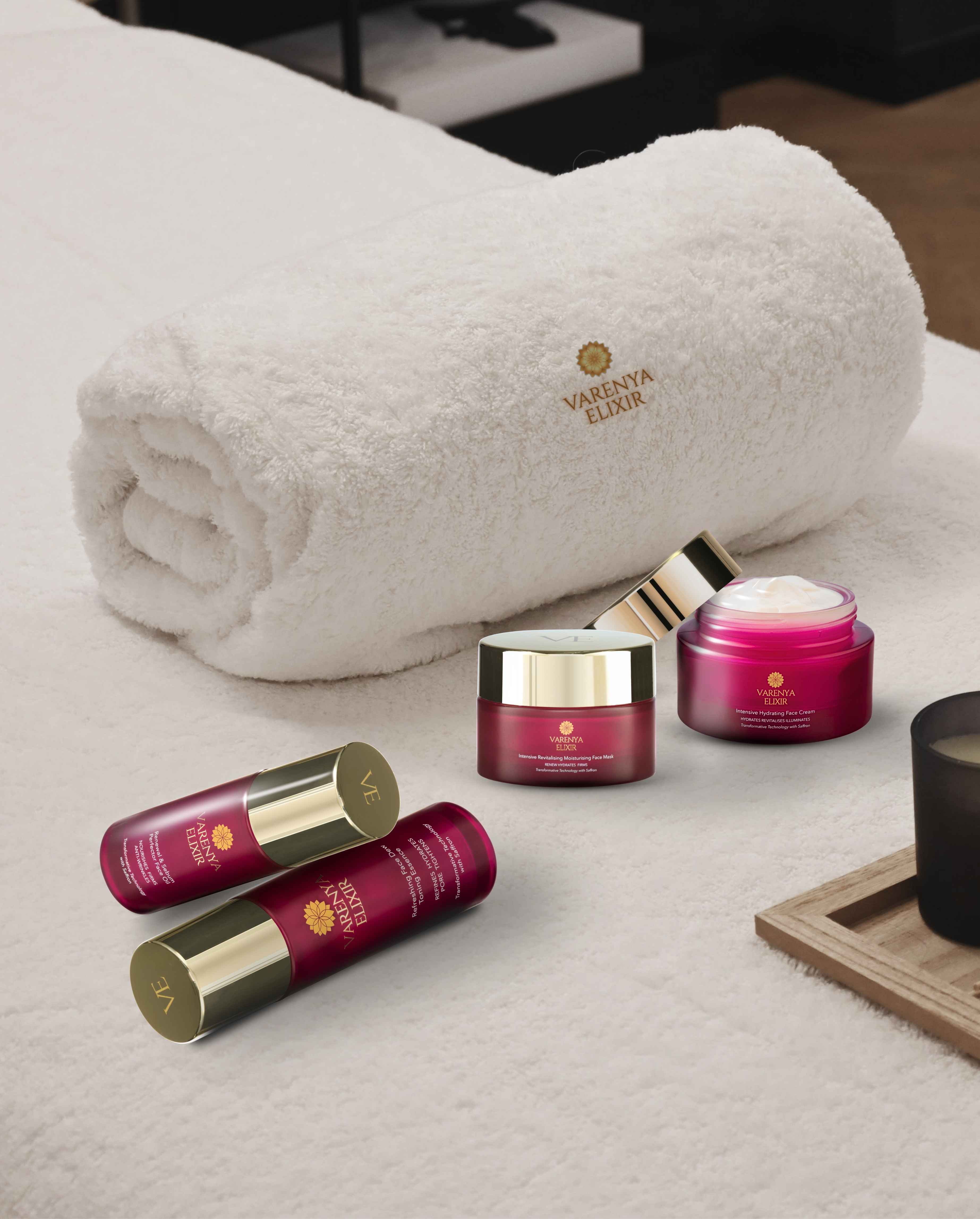 A Varenya Elixir facial ritual in progress at a spa treatment table